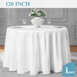 VidaFete 120inch Round Tablecloth Polyester Table Cloth，Stain Resistant and Wrinkle Polyester Dining Table Cover for Kitchen Dinning Party Wedding Rectangular Tabletop Buffet Decoration(White)