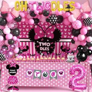 minnie mouse birthday party supplies twodles 2nd two pink mouse party decorations for girl baby shower pack (112 pcs including backdrop, tablecloth, headband, balloons garland arch kit) (twodles)
