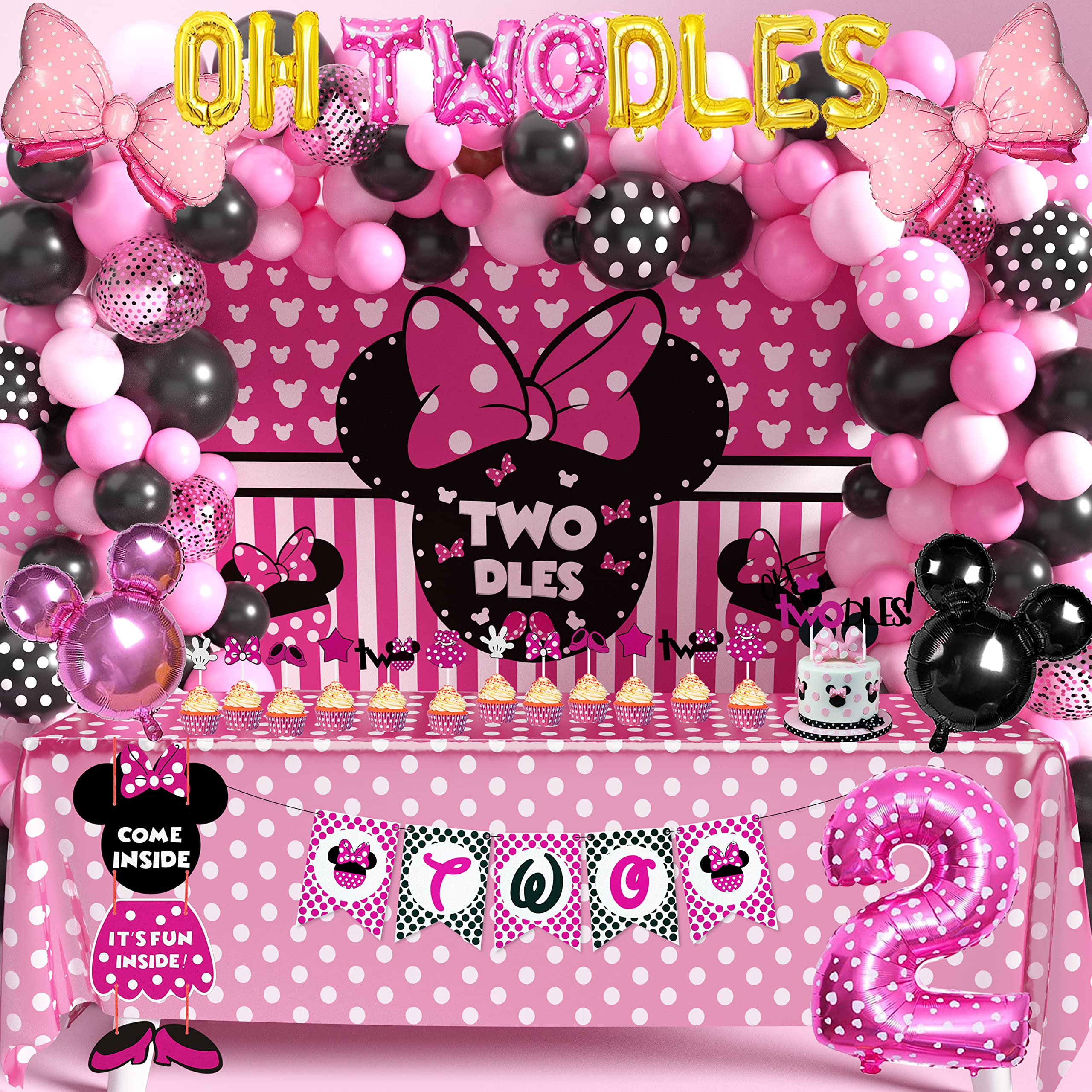 Minnie Mouse Birthday Party Supplies Twodles 2nd Two Pink Mouse Party Decorations For Girl Baby Shower Pack (112 Pcs Including Backdrop, Tablecloth, Headband, Balloons Garland Arch Kit) (Twodles)