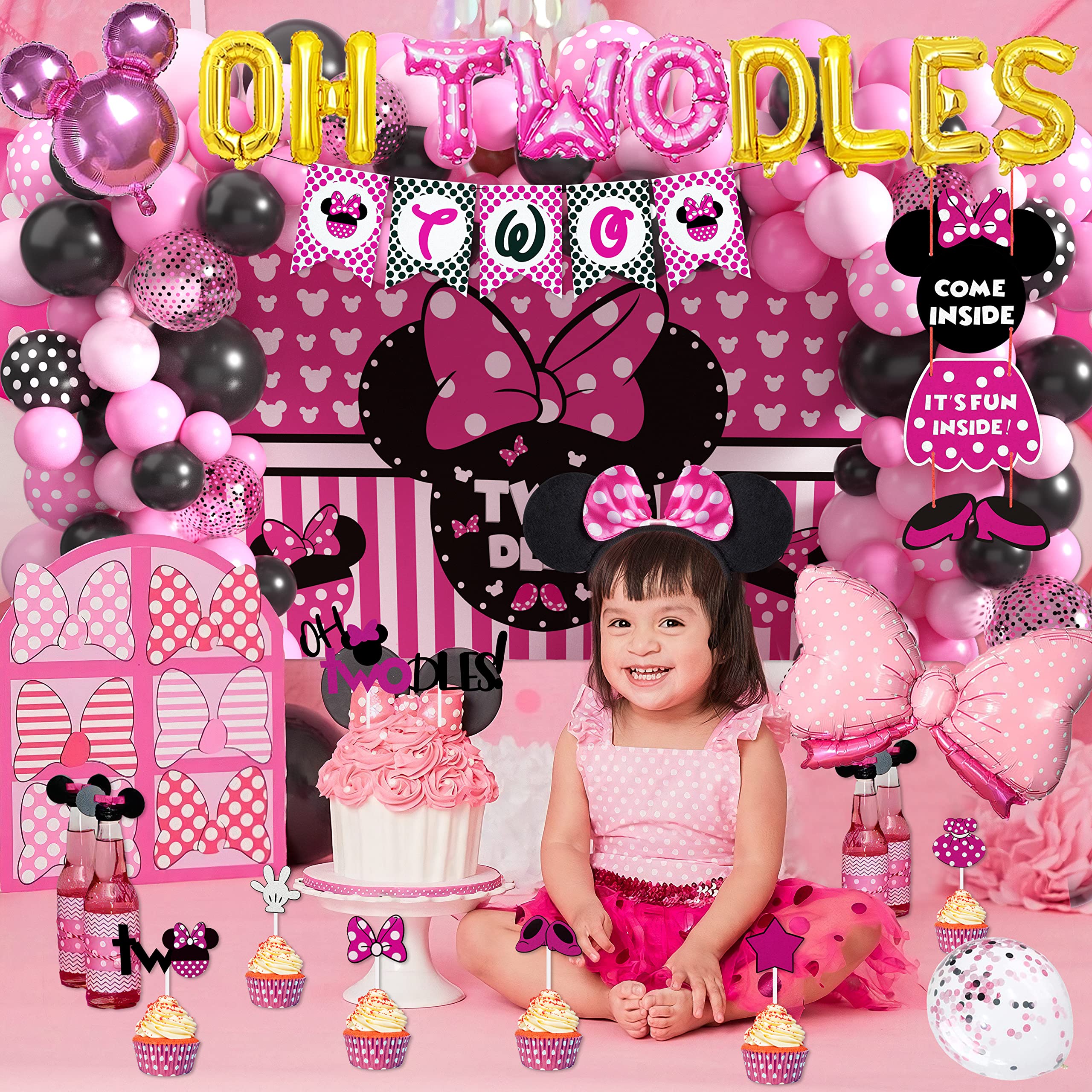 Minnie Mouse Birthday Party Supplies Twodles 2nd Two Pink Mouse Party Decorations For Girl Baby Shower Pack (112 Pcs Including Backdrop, Tablecloth, Headband, Balloons Garland Arch Kit) (Twodles)