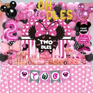 Minnie Mouse Birthday Party Supplies Twodles 2nd Two Pink Mouse Party Decorations For Girl Baby Shower Pack (112 Pcs Including Backdrop, Tablecloth, Headband, Balloons Garland Arch Kit) (Twodles)