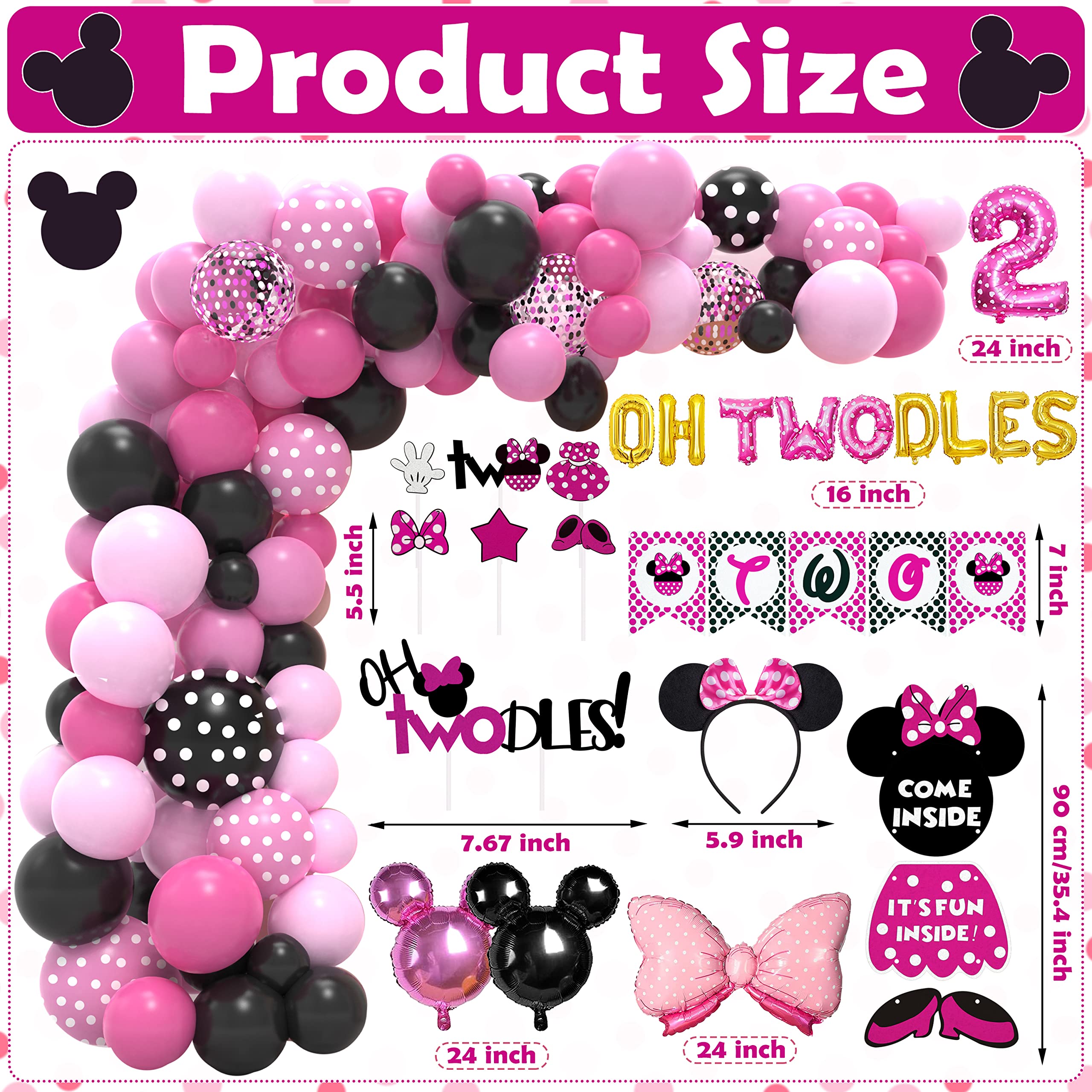 Minnie Mouse Birthday Party Supplies Twodles 2nd Two Pink Mouse Party Decorations For Girl Baby Shower Pack (112 Pcs Including Backdrop, Tablecloth, Headband, Balloons Garland Arch Kit) (Twodles)