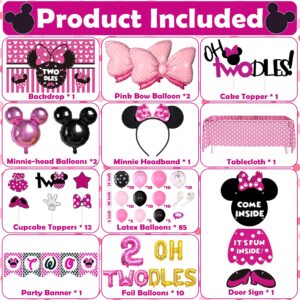 Minnie Mouse Birthday Party Supplies Twodles 2nd Two Pink Mouse Party Decorations For Girl Baby Shower Pack (112 Pcs Including Backdrop, Tablecloth, Headband, Balloons Garland Arch Kit) (Twodles)