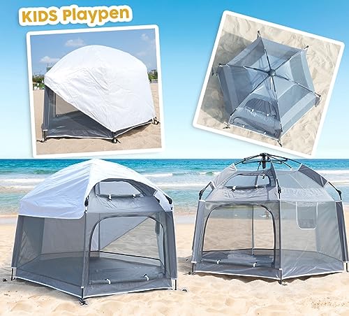 Large Pop Up Children Playpen Easy Set-Up Baby Travel Beach Tent Toddler Indoor Play House and Outdoor Play Tent with UPF50+ Kids Bacyard Tent with 6 Stakes