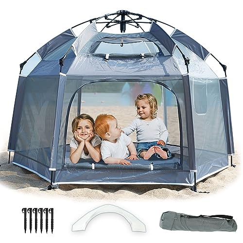 Large Pop Up Children Playpen Easy Set-Up Baby Travel Beach Tent Toddler Indoor Play House and Outdoor Play Tent with UPF50+ Kids Bacyard Tent with 6 Stakes