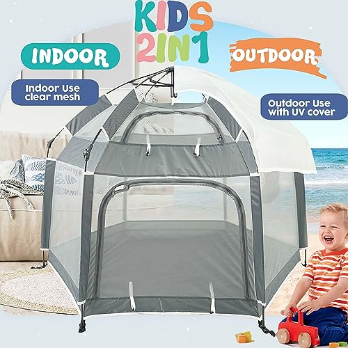 Large Pop Up Children Playpen Easy Set-Up Baby Travel Beach Tent Toddler Indoor Play House and Outdoor Play Tent with UPF50+ Kids Bacyard Tent with 6 Stakes