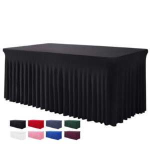 bddc table skirts for rectangle tables 6ft - one-piece black table covers for 6 foot tables, wrinkle resistant ruffles elastic table cover and table skirt for banquets, weddings, parties