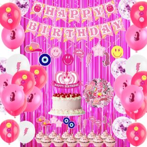 114 pcs preppy birthday decorations, preppy party decorations, preeppy happy birthday banner, preppy balloons, cute preppy stickers hanging swirls cupcake toppers sparkling fringe curtain