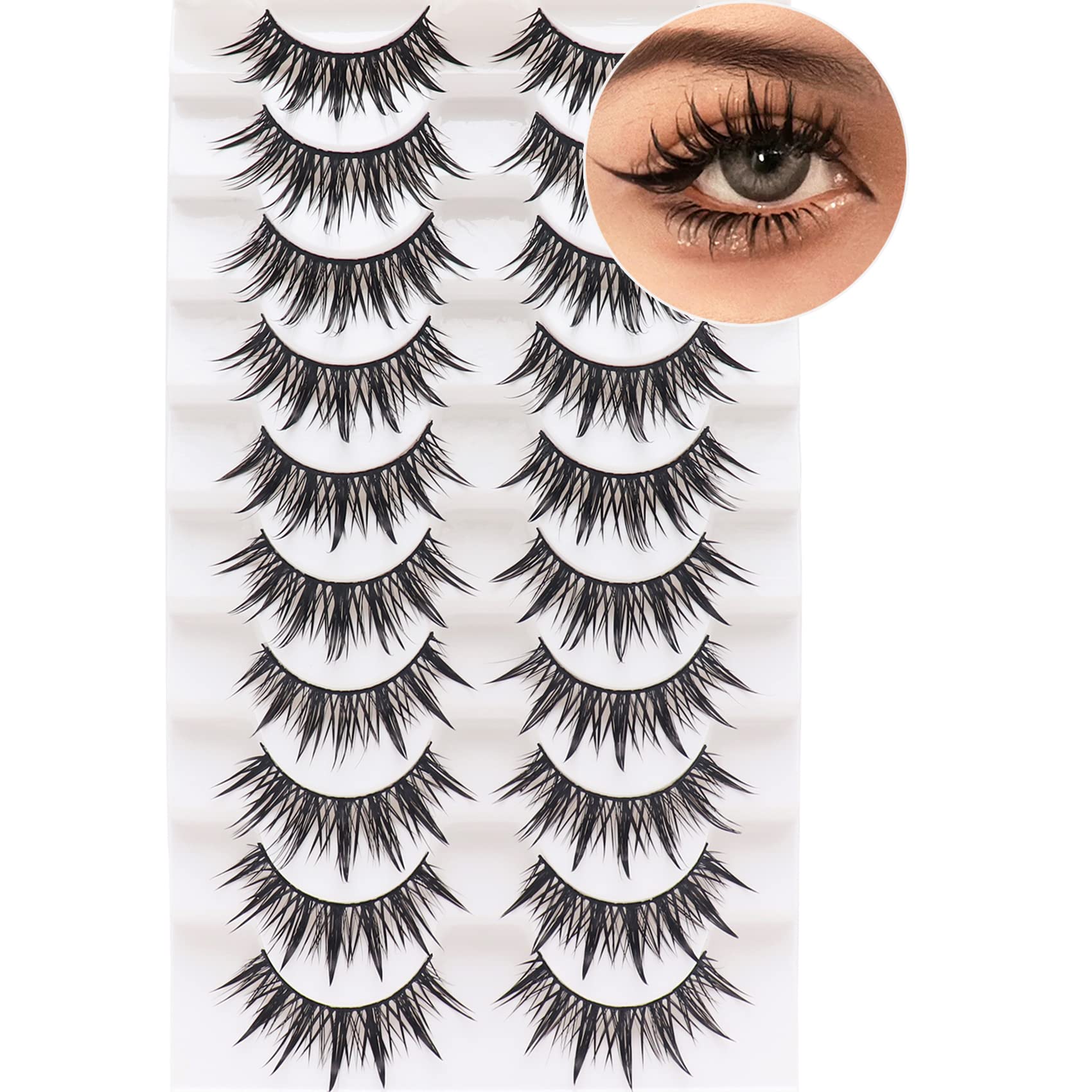 Losha Eyelashes Wispy Wet Look Manga Lashes Natural Look 18mm Spiky Anime Fake Eyelashes 10 Pairs Handmade Faux Mink Lashes Pack (02)