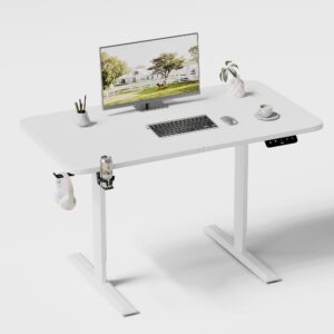 JUMMICO Standing Desk Electric Adjustable Desk Large 44 x 24 Sit Stand Up Desk Home Office Computer Desk Memory Preset with T-Shaped Metal Bracket and Holes for Routing Cables, White