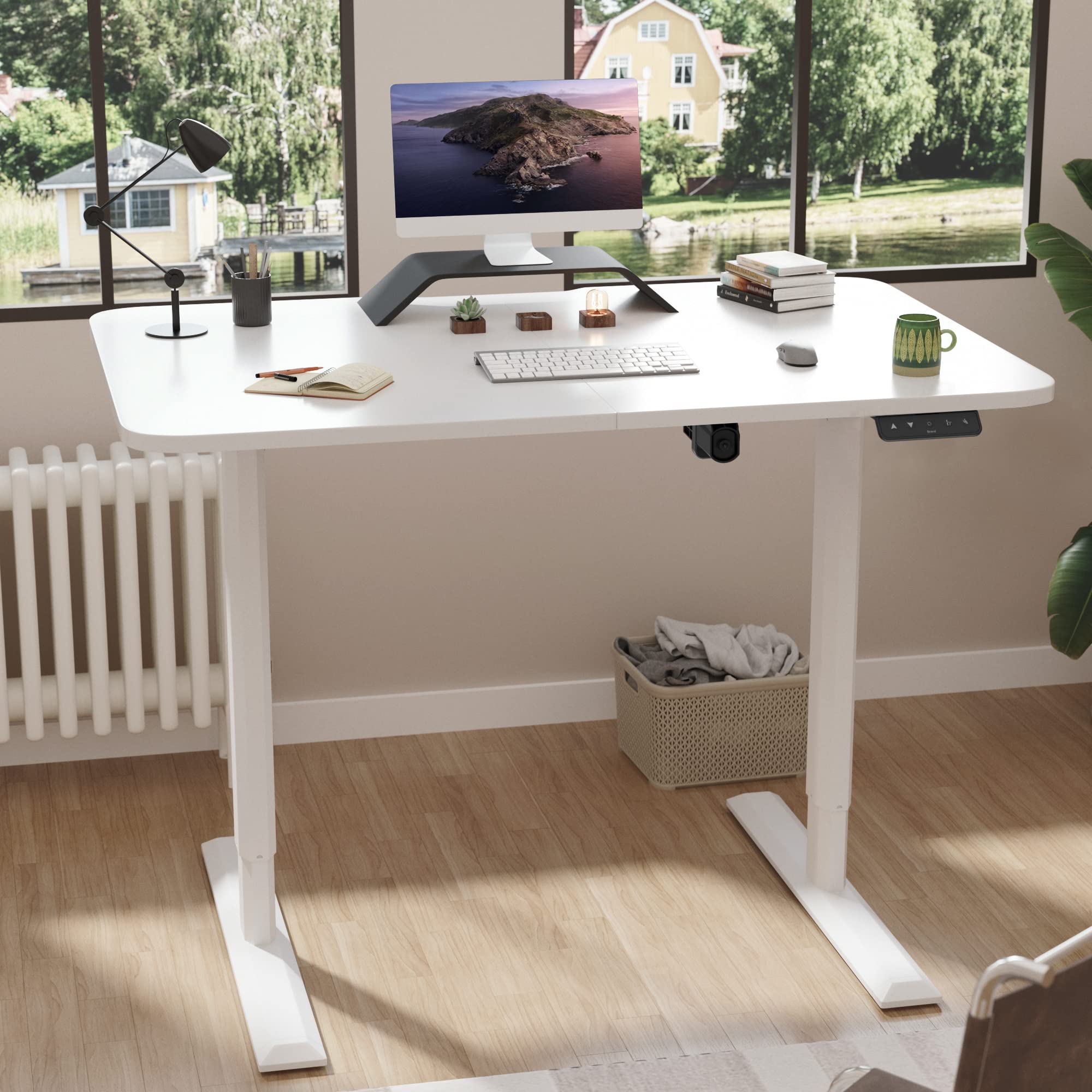 JUMMICO Standing Desk Electric Adjustable Desk Large 44 x 24 Sit Stand Up Desk Home Office Computer Desk Memory Preset with T-Shaped Metal Bracket and Holes for Routing Cables, White