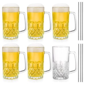 frcctre 6 pack 16 oz glass beer mug, large beer glasses steins with handle and stainless steel straws, crystal lead-free drinking glasses water cups for beer, juice, beverage, bar