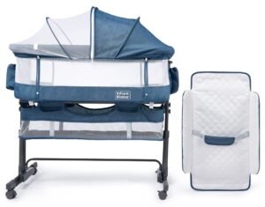 4 in 1 baby bassinet, upgraded nursery center w/ diaper changer, 360° highly visible mesh wall, comfy newborn bassinet with 5 level adjustable height, portable baby travel crib for baby, blue