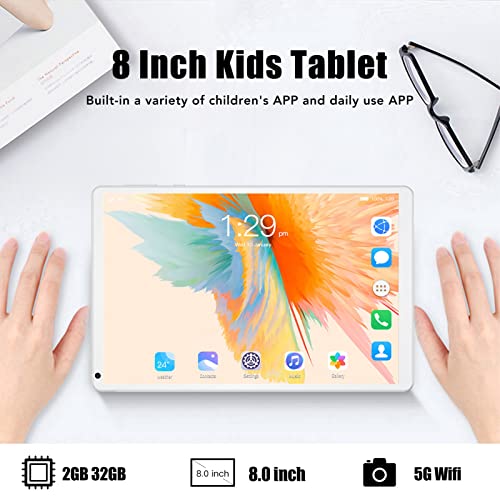 Kids Tablet 8 Inch, Toddler Tablet for Child, Ages 6 to 12, 2GB 32GB Storage Dual Camera WiFi BT IPS Touch Screen Tablet for Kids, Octa Core Processor, 4500mAh (White)