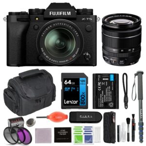 fujifilm x-t5 mirrorless camera with 18-55mm lens (black) bundle with extra battery, monopod, 58mm 3pc filter kit & more (11 items) | usa authorised with fujifilm warranty | fuji x-t5