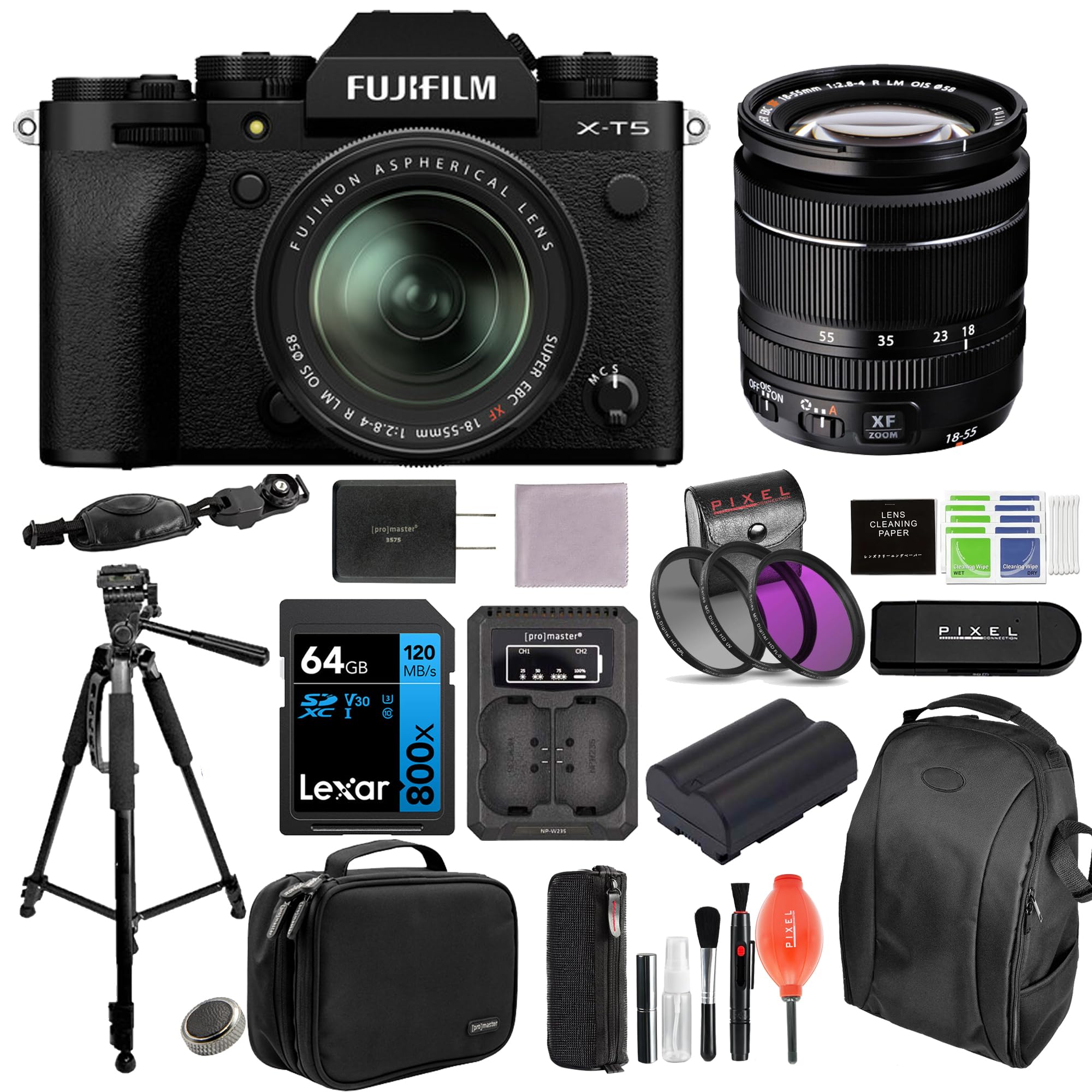 FUJIFILM X-T5 Mirrorless Camera with 18-55mm Lens (Black) Bundle with Extra Battery & Charger Kit, Tripod, Backpack, & More (14 Items) | USA Authorised with Fujifilm Warranty | Fuji xt5