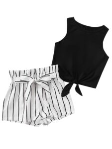 oyoangle girl's 2 piece outfits summer tie knot tank top and paperbag waist striped shorts set black and white 8y