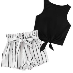 OYOANGLE Girl's 2 Piece Outfits Summer Tie Knot Tank Top and Paperbag Waist Striped Shorts Set Black and White 8Y