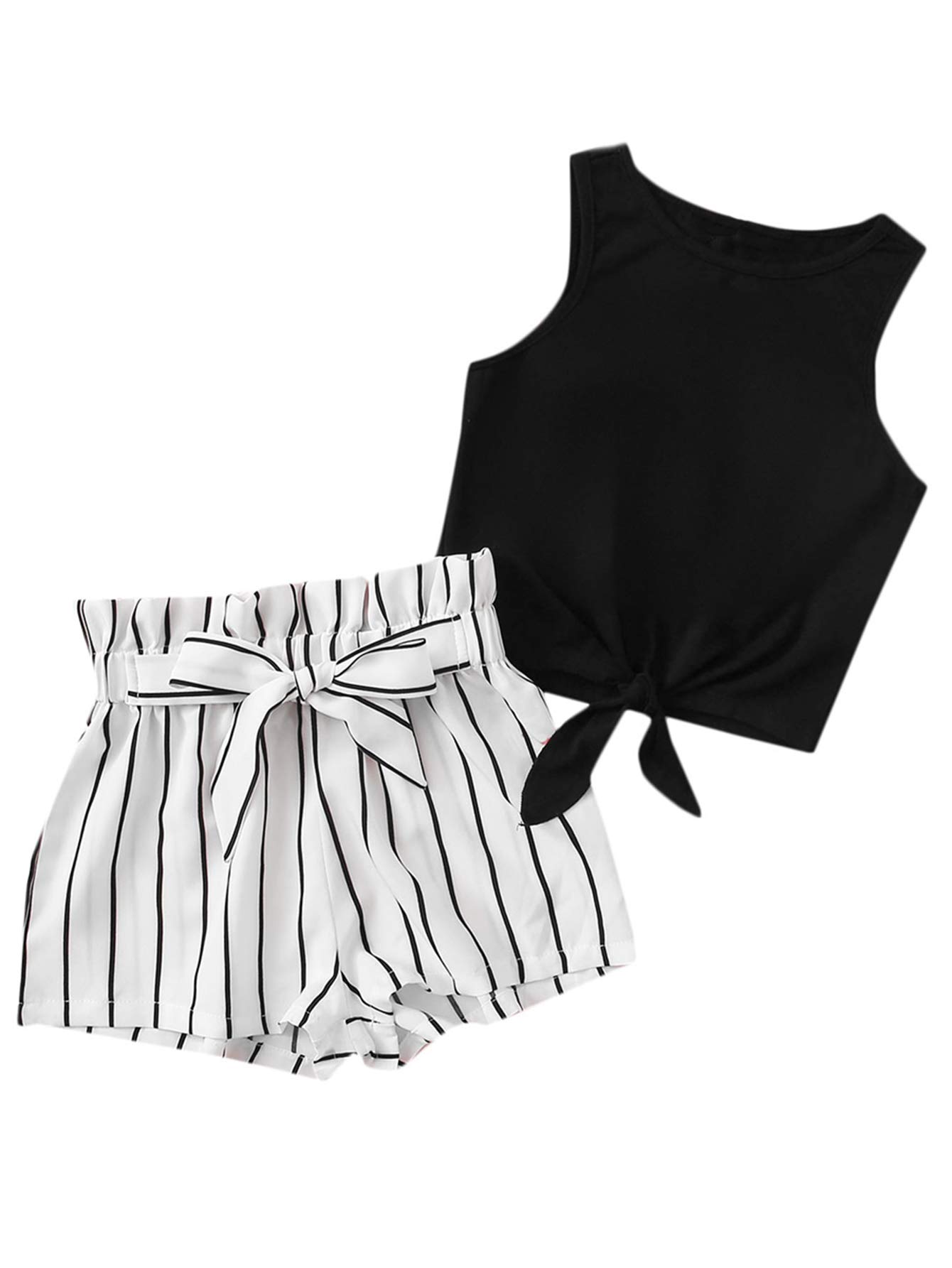 OYOANGLE Girl's 2 Piece Outfits Summer Tie Knot Tank Top and Paperbag Waist Striped Shorts Set Black and White 8Y