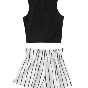 OYOANGLE Girl's 2 Piece Outfits Summer Tie Knot Tank Top and Paperbag Waist Striped Shorts Set Black and White 8Y