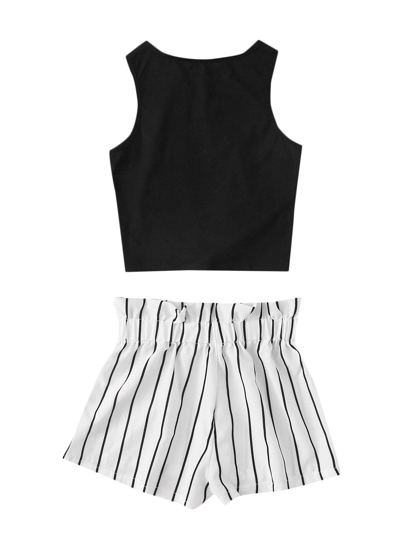 OYOANGLE Girl's 2 Piece Outfits Summer Tie Knot Tank Top and Paperbag Waist Striped Shorts Set Black and White 8Y