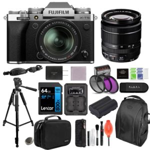 fujifilm x-t5 mirrorless camera with 18-55mm lens (silver) bundle with extra battery & charger kit, tripod, backpack, & more (14 items) | usa authorised with fujifilm warranty | fuji xt5