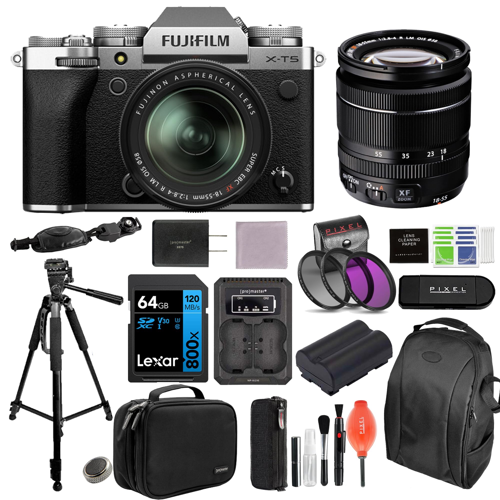 FUJIFILM X-T5 Mirrorless Camera with 18-55mm Lens (Silver) Bundle with Extra Battery & Charger Kit, Tripod, Backpack, & More (14 Items) | USA Authorised with Fujifilm Warranty | Fuji xt5