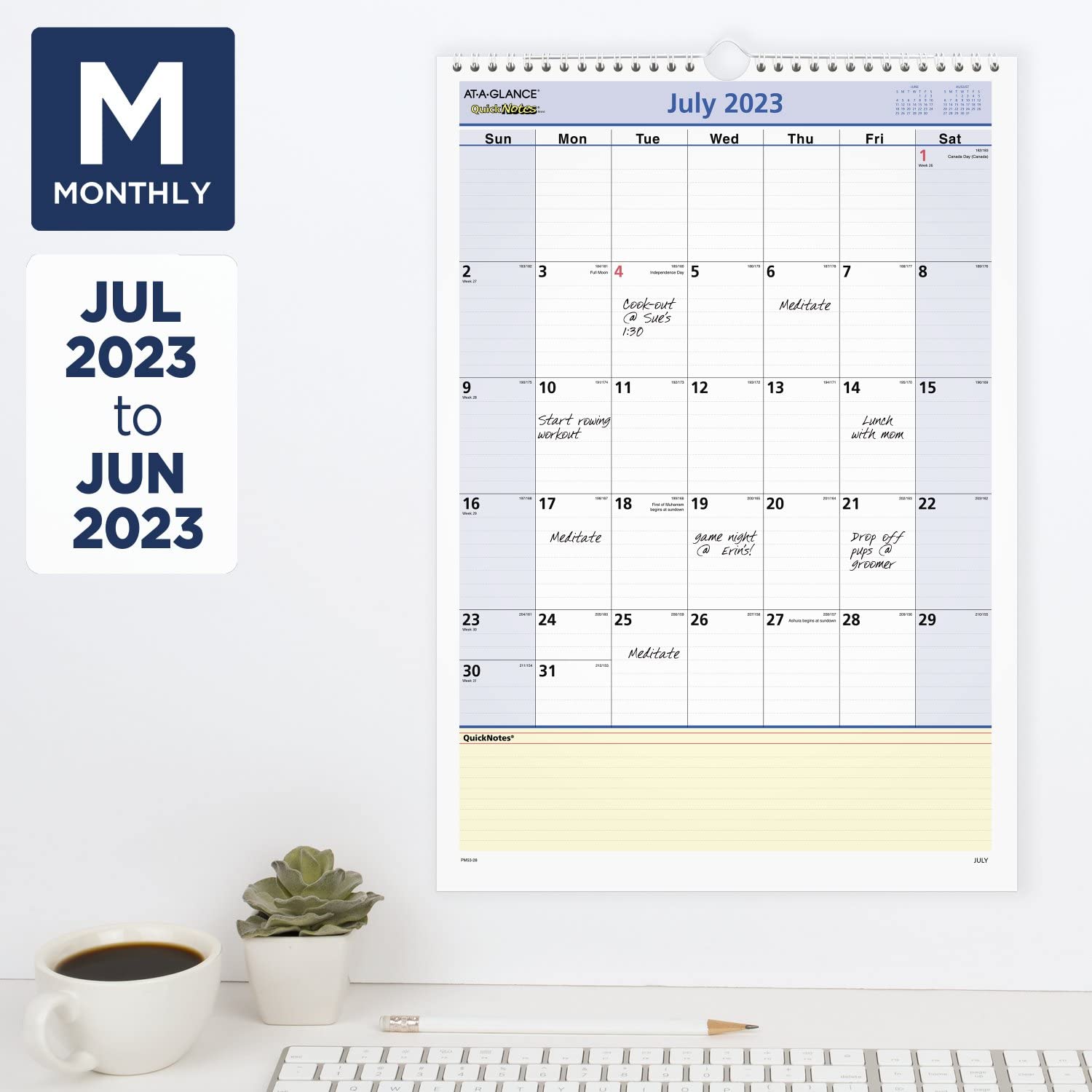 AT-A-GLANCE 2023-2024 Academic Wall Calendar, Monthly, 12" x 17", Medium, Ruled Daily Blocks, QuickNotes (PM5328)