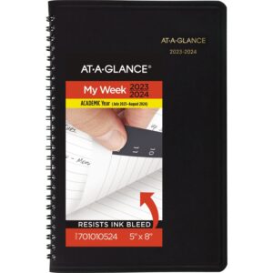 at-a-glance 2023-2024 academic planner, weekly, hourly appointment book, 5" x 8", small, pocket, flexible cover, black (7010105)
