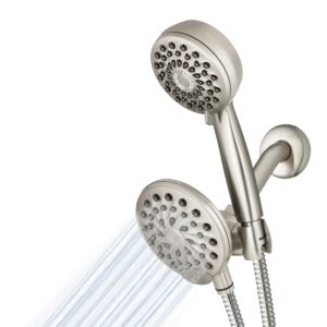 waterpik one-touch dual 2-in-1 shower system with rain shower head and 7-mode hand held shower head, brushed nickel xpb-139e-769me