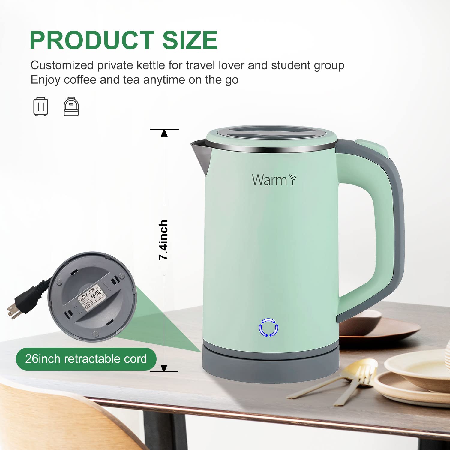 0.8L Small Electric Kettle Stainless Steel,600w Low Power Mini Portable Tea Kettle, Double Wall Travel Hot Water Boiler,Auto Shut-off & Boil-Dry Protection,Perfect for Travel, Office Student Dormitory