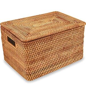 FIYAMMY Rattan Basket With Lid, Large Lidded Basket For Storage Rattan Box(17.8" L×13.8"W×7.8"H)