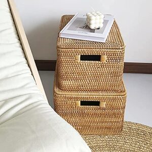 FIYAMMY Rattan Basket With Lid, Large Lidded Basket For Storage Rattan Box(17.8" L×13.8"W×7.8"H)