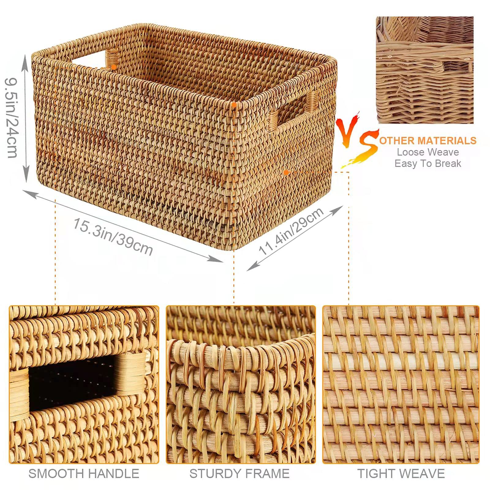 FIYAMMY Rattan Basket With Lid, Large Lidded Basket For Storage Rattan Box(17.8" L×13.8"W×7.8"H)