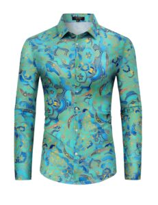turetrendy men's paisley floral dress shirt long sleeve slim fit button down shirts for prom wedding party, blue green l