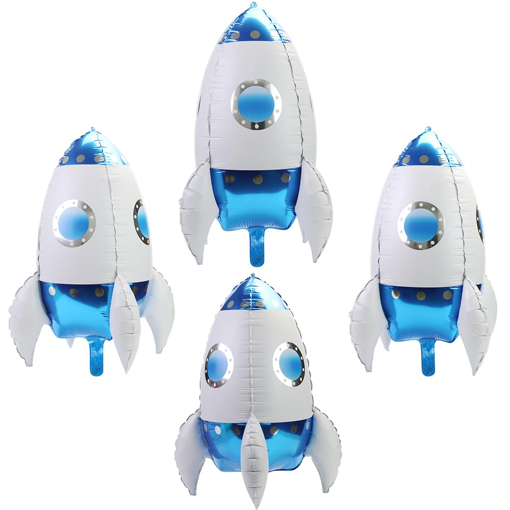 4D 23'' Giant Universe Space Rocket Balloons, Science Fiction Interstellar Rocket Helium Mylar Foil Balloons, 4 Pack Astronaut Theme Outer Space Party Suppliers Birthday Decoration (Blue), with Ribbon