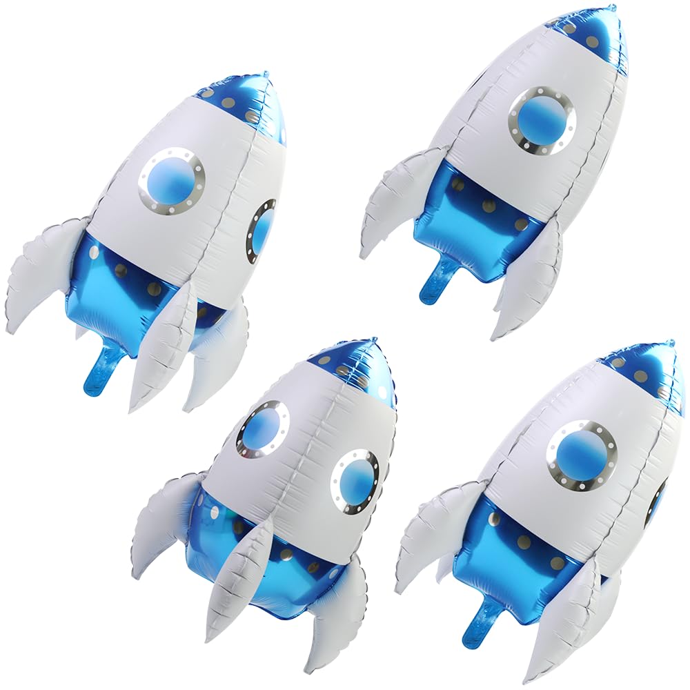 4D 23'' Giant Universe Space Rocket Balloons, Science Fiction Interstellar Rocket Helium Mylar Foil Balloons, 4 Pack Astronaut Theme Outer Space Party Suppliers Birthday Decoration (Blue), with Ribbon