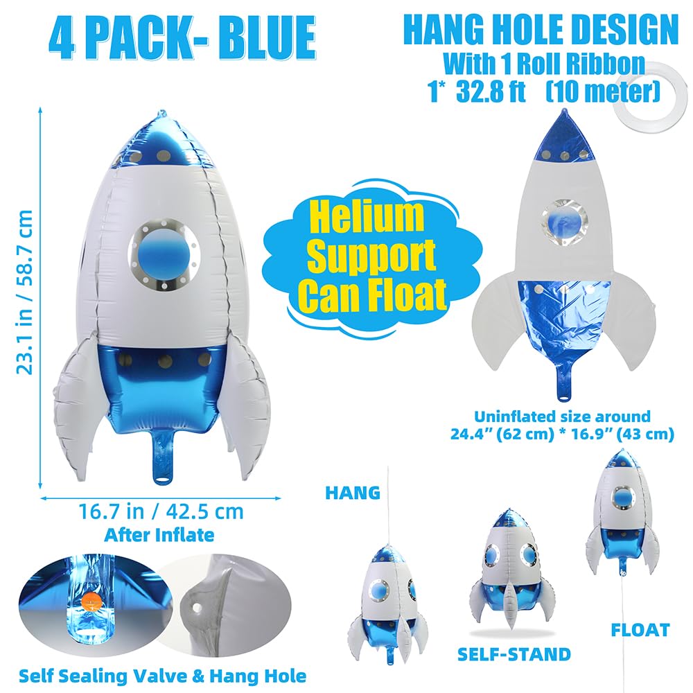 4D 23'' Giant Universe Space Rocket Balloons, Science Fiction Interstellar Rocket Helium Mylar Foil Balloons, 4 Pack Astronaut Theme Outer Space Party Suppliers Birthday Decoration (Blue), with Ribbon