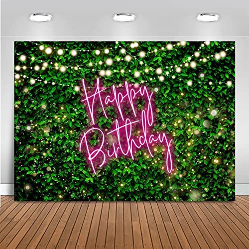 Mocsicka Green Leaves Happy Birthday Backdrop Greenery Pink Neon Birthday Backdrops 30th 40th 50th Adult Birthday Party Decorations Photo Background (Pink, 7x5ft (82x60 inch))