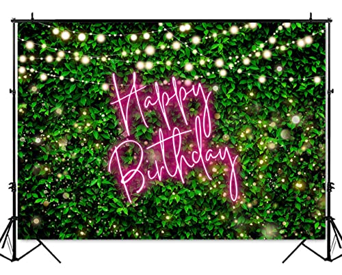 Mocsicka Green Leaves Happy Birthday Backdrop Greenery Pink Neon Birthday Backdrops 30th 40th 50th Adult Birthday Party Decorations Photo Background (Pink, 7x5ft (82x60 inch))