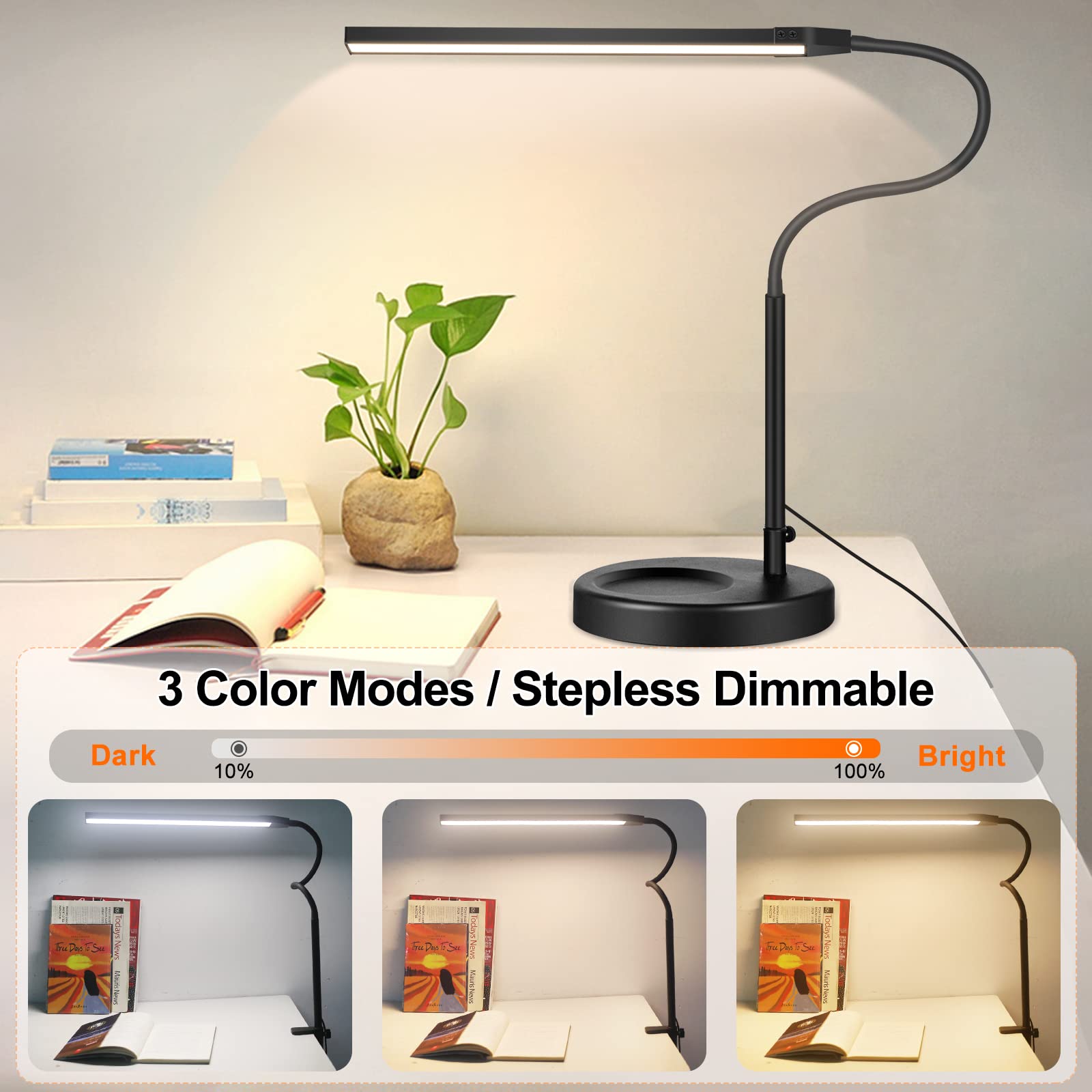 Touch Control LED Desk Lamp, 2-in-1 Gooseneck Clamp on Lamp, Desk Lamp for Home Office, 3 Modes Stepless Dimmable Workbench Light for Painting Reading Working Study Dorms Nightlight