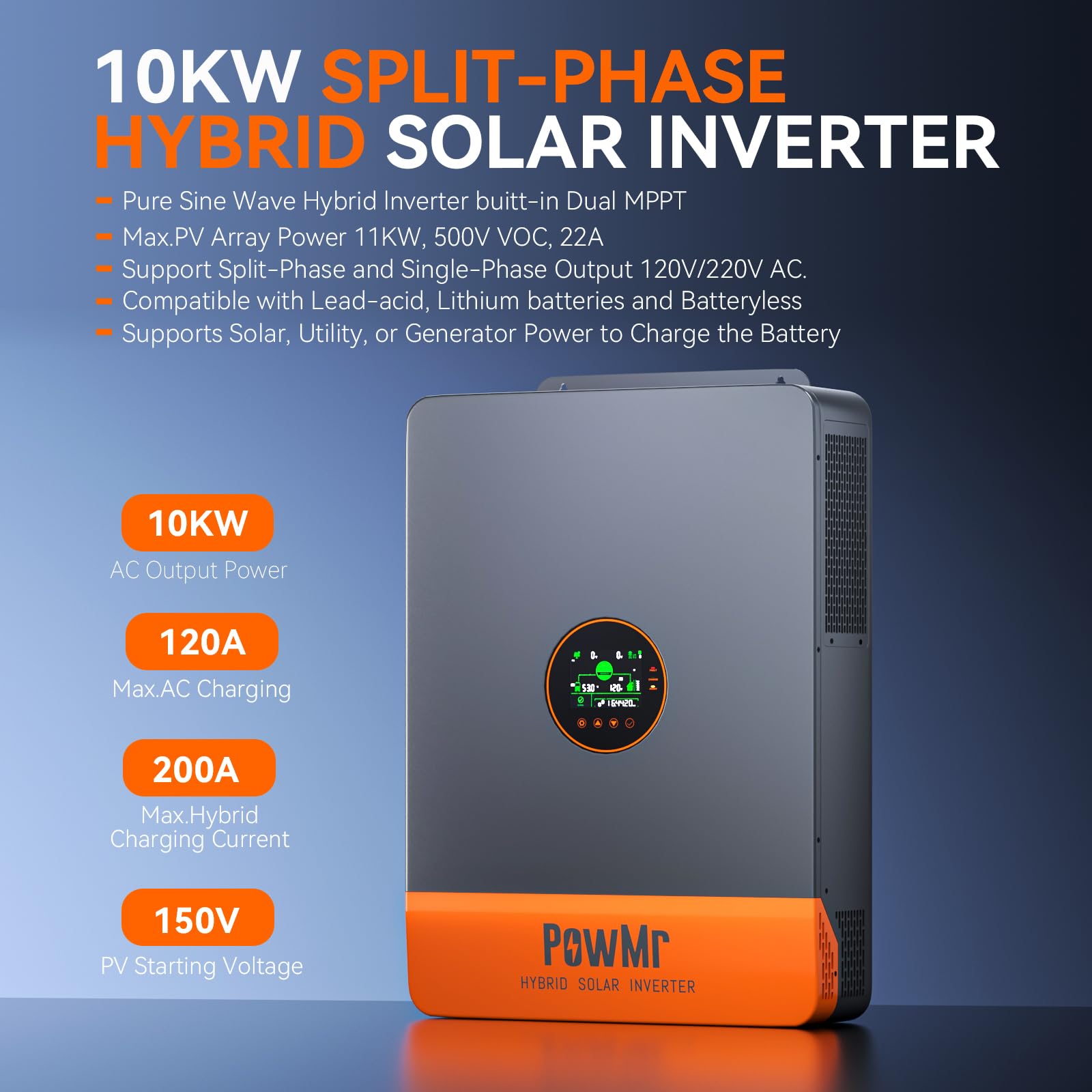 Split-Phase Solar Inverter 10000W 48V to 120V/240V, UL1741 10K Pure Sine Wave Power Inverter Built-in 200A MPPT Controller and 120A AC Charger, for Lead Acid Lithium Battery and Batteryless Run