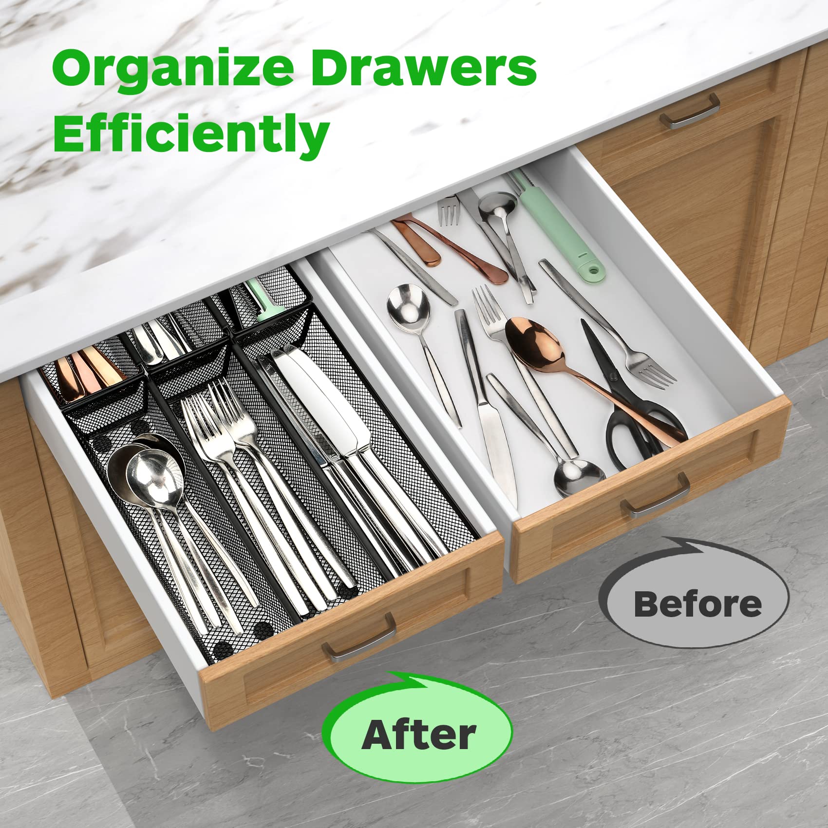 Smgmg Silverware Drawer Organizer, Silverware Organizer for Drawer, 6 Pack Utensil Organizer for Kitchen Drawers, Kitchen Drawer Organizer for Large Utensils with Interlocking Arm (9.6 * 3 * 2 inch)