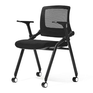 FYLICA Foldable Office Chair Set of 2 with PU Wheels and Sliding Armrest-Ergonomic Mesh Bouncing Back, Stackable Conference Room Chair, Office Guest & Reception & Meeting Chair (Black)