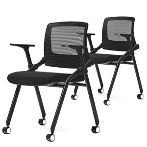 FYLICA Foldable Office Chair Set of 2 with PU Wheels and Sliding Armrest-Ergonomic Mesh Bouncing Back, Stackable Conference Room Chair, Office Guest & Reception & Meeting Chair (Black)