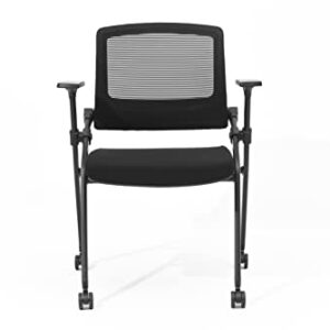 FYLICA Foldable Office Chair Set of 2 with PU Wheels and Sliding Armrest-Ergonomic Mesh Bouncing Back, Stackable Conference Room Chair, Office Guest & Reception & Meeting Chair (Black)