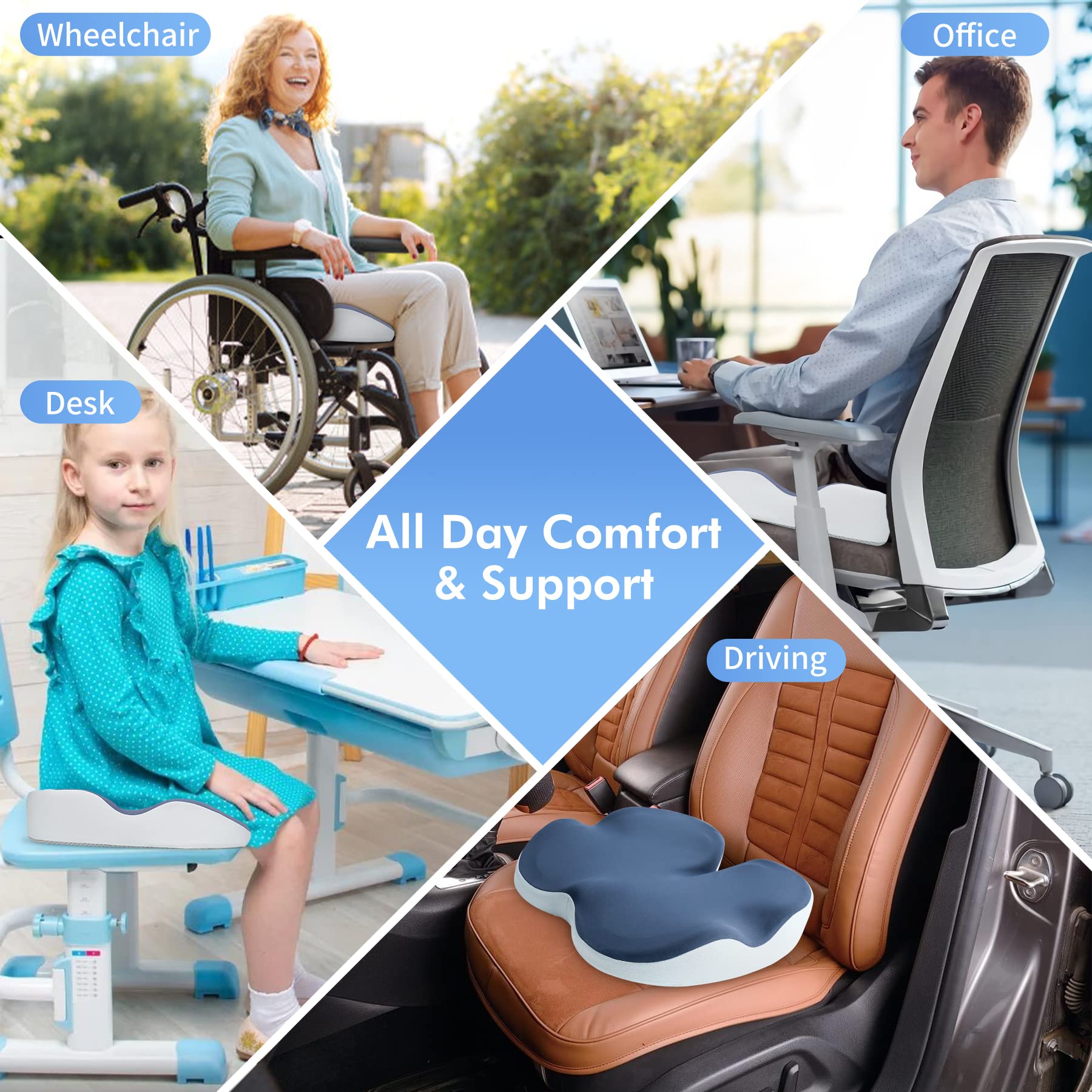 Car Seat Cushion,Office Chair Cushions Butt Pillow for Long Sitting Comfort,Memory Foam Coccyx Cushion for Tailbone Pain,Non-Slip& Ergonomic Sciatica&Back Pain Relief Driving Wheelchair Desk Chair Pad