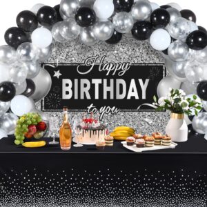 birthday party decorations confetti balloons kit happy birthday photography backdrop banner tablecloths for boys girls men women birthday party supplies decor (black and silver)