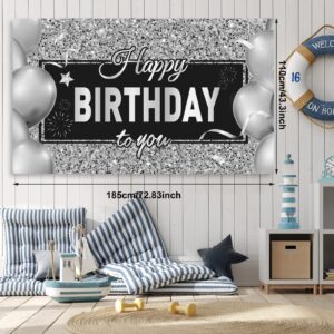 Birthday Party Decorations Confetti Balloons Kit Happy Birthday Photography Backdrop Banner Tablecloths for Boys Girls Men Women Birthday Party Supplies Decor (Black and Silver)