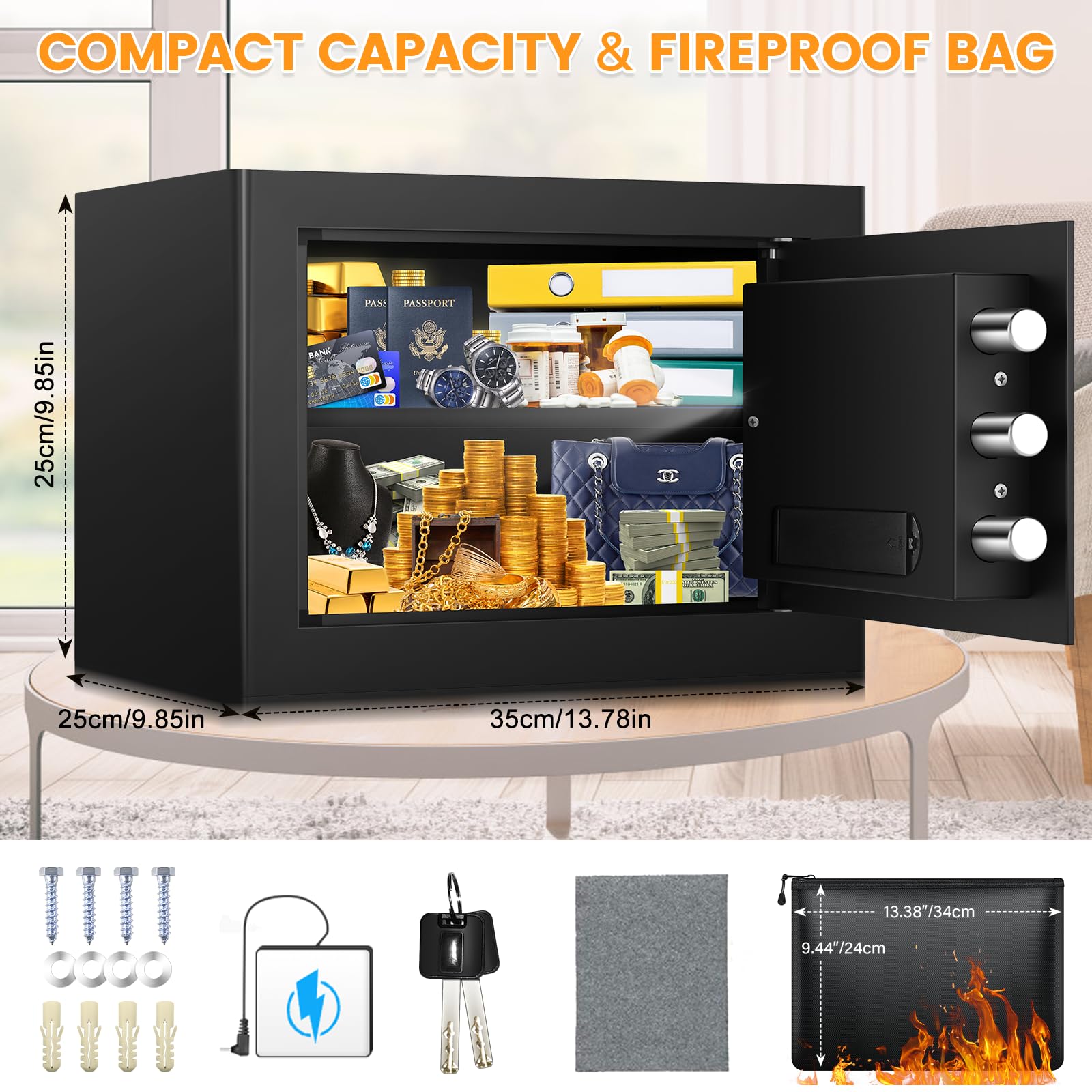 1.2 Cu ft Fireproof Safe Box for Home Use, Fire Safe with Fireproof Document Bag, Digital Security Safe with Combination Lock, Home Safes Fireproof Waterproof for Money Jewelry Medicine Documents